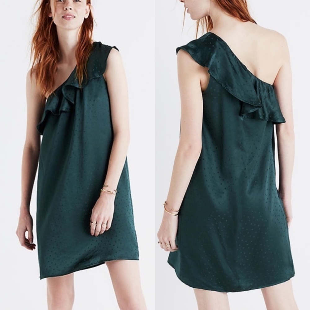Madewell Silk Dancefloor Polka Dot Ruffle One-Shoulder Dress